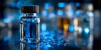 Small glass vial with blue liquid on reflective surface against blurred blue laboratory background.