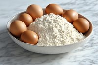 Fresh brown chicken eggs arranged around white wheat flour in ceramic bowl on marble surface, baking ingredients ready for homemade pastry preparation.