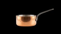 Copper saucepan with stainless steel rim and black handle, isolated on transparent background. Ready for kitchen design, t-shirt graphics, clipart, and print-on-demand products.