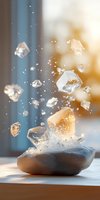 Magical floating crystals and gems above stone with glowing light effects and sparkles in warm sunlight against blurred blue background. Spiritual healing concept.