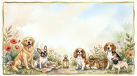 Watercolor frame border with cute dogs golden retriever french bulldog cavalier king charles spaniel beagle pug sitting among wildflowers and plants.