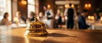 Golden hotel reception bell on wooden counter with blurred guests and staff in elegant lobby background for hospitality service concepts.