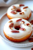 Fresh baked donuts topped with white vanilla glaze and decorated with crunchy pecan nuts on ceramic plate, close up view of sweet pastry dessert.