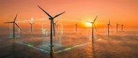 Offshore wind farm turbines generating renewable energy at sunset with dramatic orange sky reflecting on ocean water creating sustainable power landscape.