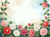 Watercolor camellia floral frame with red, pink, and white blooms on soft pastel background, copy space for text or greeting card design.
