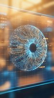 Digital eye with circuit patterns and glowing blue center on futuristic holographic display interface for artificial intelligence and machine vision concepts.