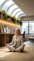 Mature woman in beige business suit meditating cross-legged in modern office with skylight, wooden shelving, plants, and city views. Wellness at work.