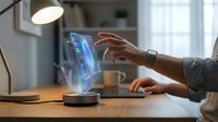 Professional interacting with holographic display interface at wooden desk, wearing smartwatch, modern office environment with pendant lighting and blurred background, futuristic technology concept.