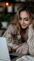 Young Caucasian woman in cozy beige sweater cuddling adorable tabby kitten while working on laptop at home. Warm indoor lifestyle moment with pet companion.