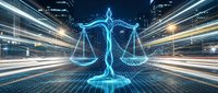 Glowing scales of justice symbol with digital grid and light trails in urban cityscape, representing law, legal technology, and compliance.
