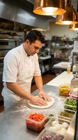 Professional male chef preparing pizza dough in commercial kitchen with fresh ingredients and copper pendant lights for restaurant culinary service.