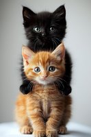 Adorable black and ginger kittens sitting together, one on top of another, with bright blue eyes against light background. Perfect for pet care marketing.