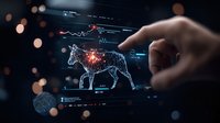 Futuristic veterinary interface showing holographic horse anatomy with diagnostic data and touch interaction, glowing digital display on dark background.