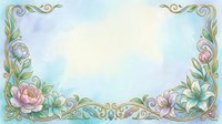 Elegant floral frame with peonies and lilies in soft pastel tones on a watercolor background, featuring golden ornamental swirls and copy space.