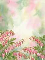 Watercolor bleeding heart flowers in soft pink and green tones with copy space, painted botanical art for cards, prints, and stationery.