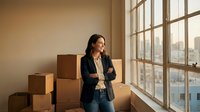 Young Hispanic woman entrepreneur standing confidently in new office space with moving boxes, planning business relocation and startup growth.