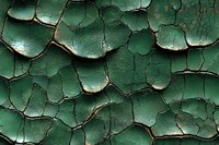 Cracked and peeling green paint texture on old surface showing weathered patina and aged character, creating abstract pattern of flaking layers and deep fissures.
