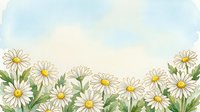 Watercolor daisies border with soft blue sky background, hand-drawn white chamomile flowers with yellow centers and green leaves, copy space.