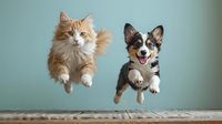 Adorable orange tabby kitten and tricolor puppy jumping together in mid-air against soft blue background, perfect for pet care and animal friendship concepts.