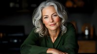Confident mature woman with natural gray hair wearing green blouse smiling warmly at camera. Professional portrait showing beauty in aging gracefully.
