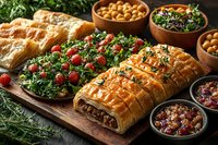 Savory puff pastry roll filled with meat served on wooden board with fresh herb salad, cherry tomatoes, chickpeas and cranberry sauce for festive dinner.