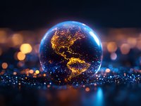 Glowing Earth globe showing Americas with city lights at night, surrounded by blue aura and bokeh effects on dark background, suitable for environmental themes.