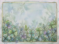 Watercolor clover flowers in soft green and blue tones with gold outline border, copy space background for greeting cards and invitations.