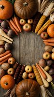 Autumn harvest vegetables and fruits arranged in circle on rustic wooden background with copy space for seasonal cooking and thanksgiving recipes.