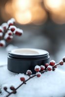 Black cosmetic jar with white cream on snowy surface decorated with frosted red winter berries and soft bokeh lights in background.
