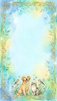 Watercolor frame with golden ornamental border, pastel blue and yellow gradient background, isolated on white space. Features golden retriever and tabby cat surrounded by birds, flowers, and foliage. Ideal for greeting cards, invitations, and children's designs.