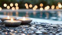 Glowing candles in stone holders on dark pebbles near water surface with soft bokeh lights creating peaceful spa atmosphere. Perfect for wellness design.