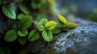Fresh green strawberry leaves growing beside flowing water stream in natural forest environment with soft bokeh background for organic gardening concepts.