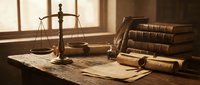 Vintage brass scales of justice on wooden desk with law books, quill pen and legal documents in warm sunlit attorney office for legal consultation services.