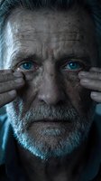 Elderly Caucasian man with striking blue eyes and weathered face pulling down lower eyelids with fingers showing detailed wrinkles and gray beard.