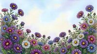 Colorful wildflower border with purple and blue asters creating decorative frame on soft pastel background for spring garden designs and floral projects.