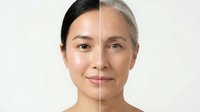 Split face comparison showing Asian woman aging process from young to mature with wrinkles and gray hair transformation for skincare and beauty concepts.