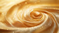 Swirling golden liquid creates mesmerizing spiral pattern with shimmering sparkles and smooth silky texture against soft blurred background for luxury design projects.