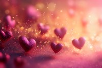 Pink and purple glittery hearts floating with magical sparkles and bokeh lights on romantic gradient background, creating dreamy Valentine's Day atmosphere.