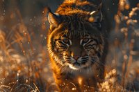 Majestic lynx portrait in golden sunset light, wild cat with distinctive ear tufts among dry autumn grass, wildlife conservation photography.