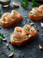 Toasted baguette slices topped with creamy spread and succulent shrimp, garnished with fresh herbs and garlic on dark stone background. Elegant appetizer.