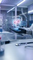 Scientist in laboratory holding holographic cell division projection with glowing embryonic cells floating above palm in modern medical research facility.