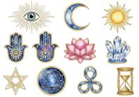 Celestial and spiritual symbols including eye, crescent moon, sun, hamsa hands, lotus flower, crystals, star, globe, infinity knot, and hourglass. Mystical design elements for wellness, meditation, and esoteric artwork.