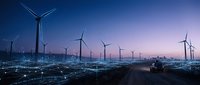 Wind turbines spinning across vast landscape at dusk, generating renewable energy for sustainable power production and clean electricity generation.