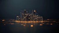 Glowing futuristic cityscape with illuminated skyscrapers rising from dark reflective surface, creating modern urban silhouette against night sky with light effects.