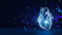 Digital wireframe human heart with glowing particles on dark blue background for medical technology and healthcare concepts.
