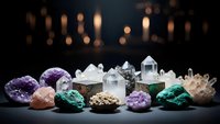 Collection of healing crystals and gemstones including amethyst, quartz, malachite arranged on dark surface with warm bokeh lights background for wellness.