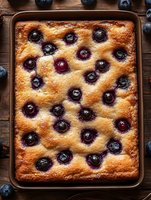 Homemade blueberry cake baked in rectangular pan with fresh berries scattered across golden sponge, surrounded by loose blueberries on wooden surface. Perfect for bakery, recipe, and food blog content.