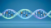 DNA double helix structure with colorful genetic code sequences on blue background for biotechnology and medical research applications.