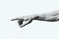 Male hand pointing with index finger against white background, showing direction, leadership, or choice in minimalist black and white style.