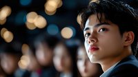 Young Asian businessman in suit looking thoughtfully into distance with warm bokeh lights creating professional corporate atmosphere for business concepts.